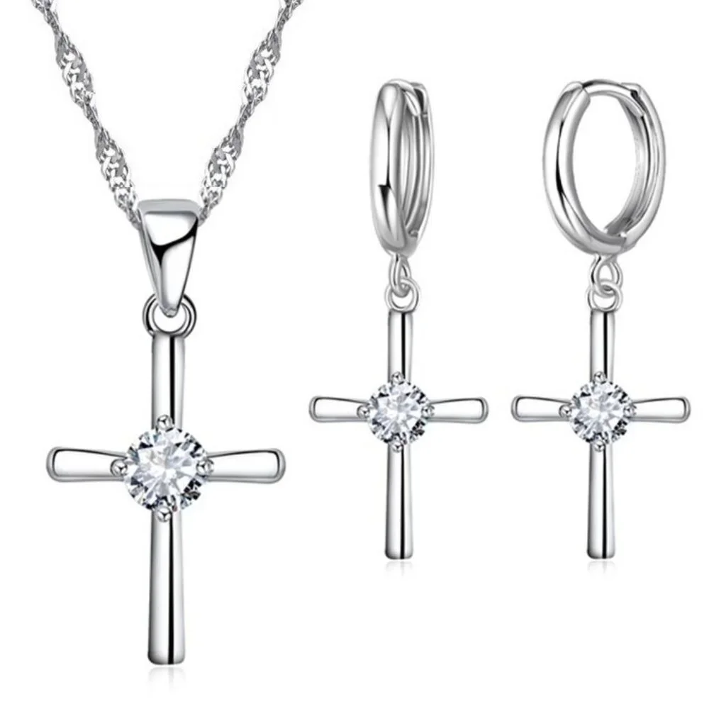 ❤️ NEW 💎 Luxury Cross Women Earrings And Necklace 925 Sterling Silver Set - Picture 1 of 4